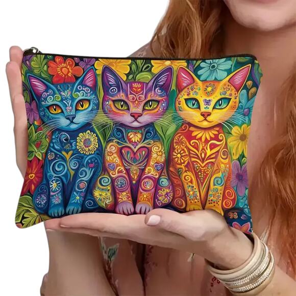 Cat Trio Psychedelic Makeup Bag Colorful Art Cosmetic Travel Pouch Case NWT - Picture 4 of 11